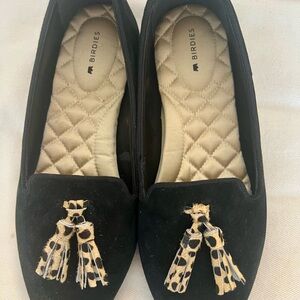 Birdies Black Suede Loafers with Leopard Tassels sz 8, never worn